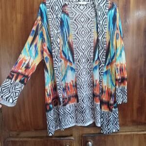 Chico's Open Front Cardigan XL Multicolor Tribal Aztec Artsy Lagenlook Boho Fun